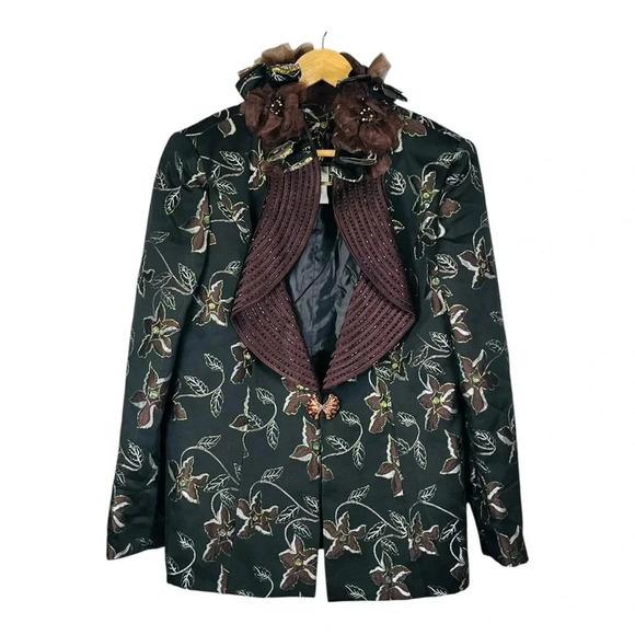 Vintage Elite Champagne Brown Floral‎ Embroidered Embellish Blazer Women Size 12 - Picture 1 of 16